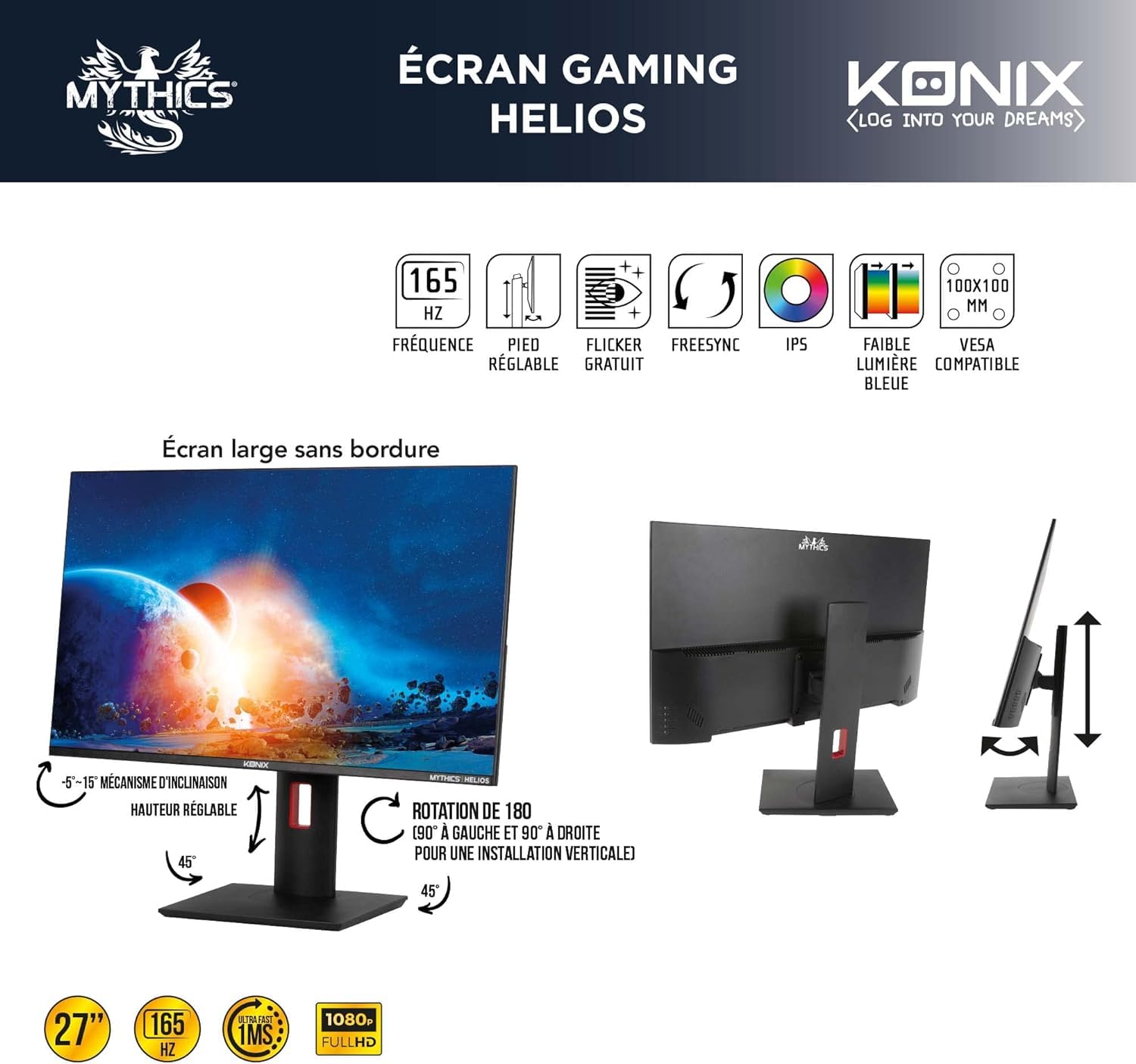 Konix Mythics Monitor Helios 27" per PC, PS4, PS5, Switch e Xbox - Risoluzione Full HD (1920 x 1080 px) - Frequenza di 165 Hz - 1 ms - Pannello IPS