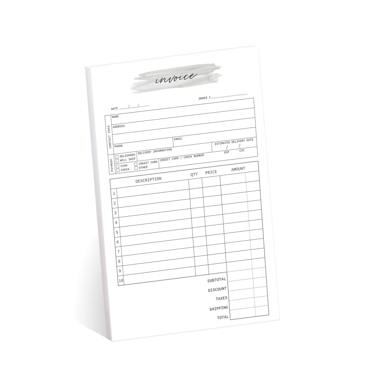 Watercolor 2-Part Carbonless Invoice Form Pad / 50 Sets / 5.5" x 8.5" Carbon Copy Purchase Sales Receipt Book