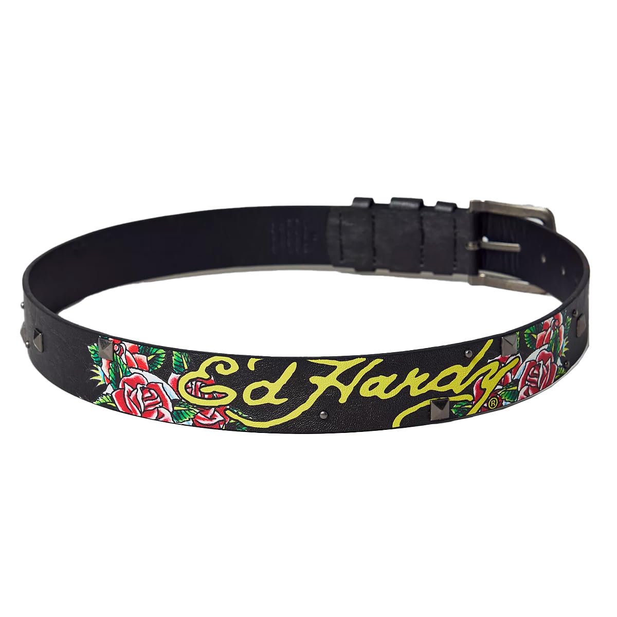 ED HARDY Herren Gürtel mit Nieten, 38 mm, Totenköpfe und Rosen
