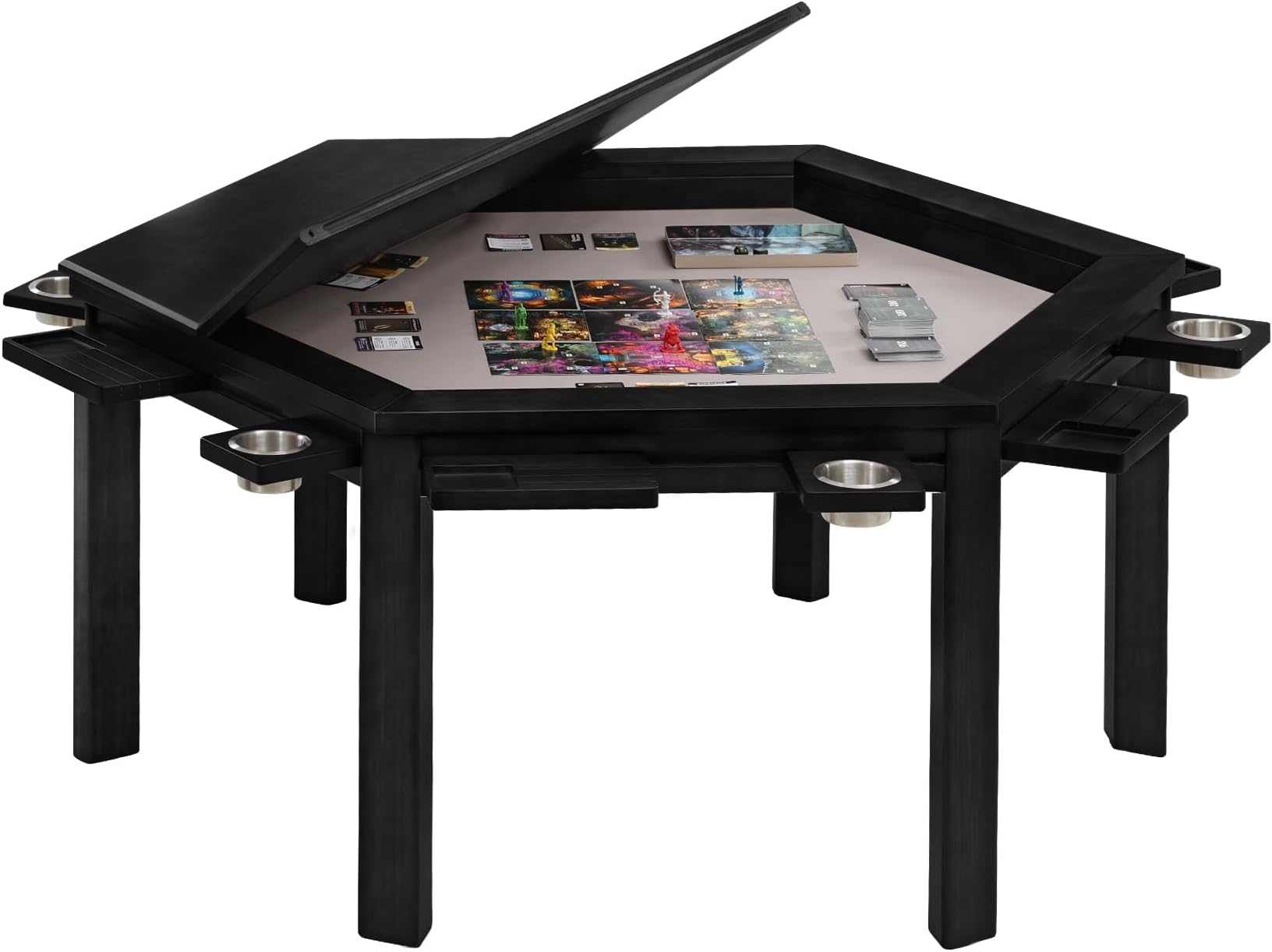 Coperat Solid Wood Board Game Table for 4-6 Players,Hexagonal Dining/Gaming Table w/Removable Top,Includes Game Mat, 6*Cup Holders & Hobby Tray (Black)