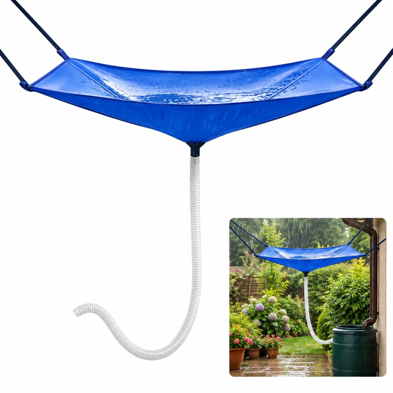 Rain Water Catcher Funnel Waterproof Canvas 100cm Hose Blue Garden 93.5cm