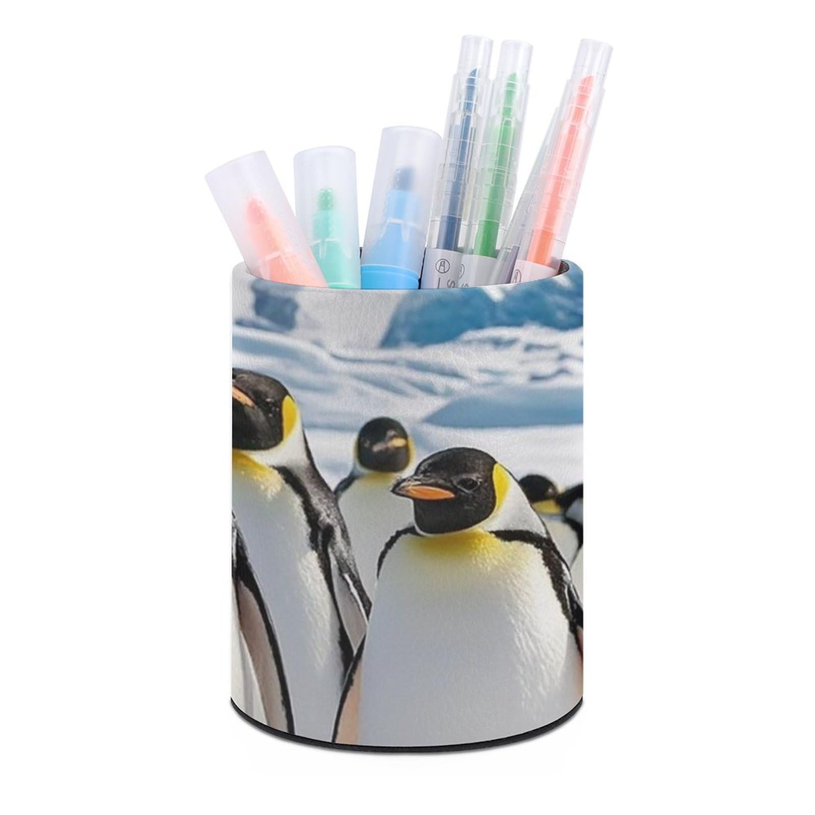 FekiLoot PU Leather Round Pen Holder Cute Penguin Pencil Holder Desk Organizer Pen Organizer Pen Cup Pencil Cup Caddy Desktop Stationery Organizers for Office Home Supplies