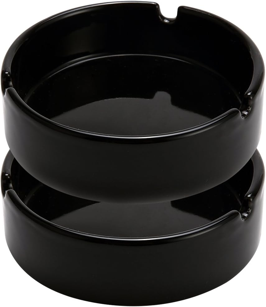 Teagas Glossy Black Ceramic Cigarette Ashtray for Man and Women, Outdoors Indoors Ash Tray, Desktop Smoking Ash Tray for Home Office Decoration, Pack of 2