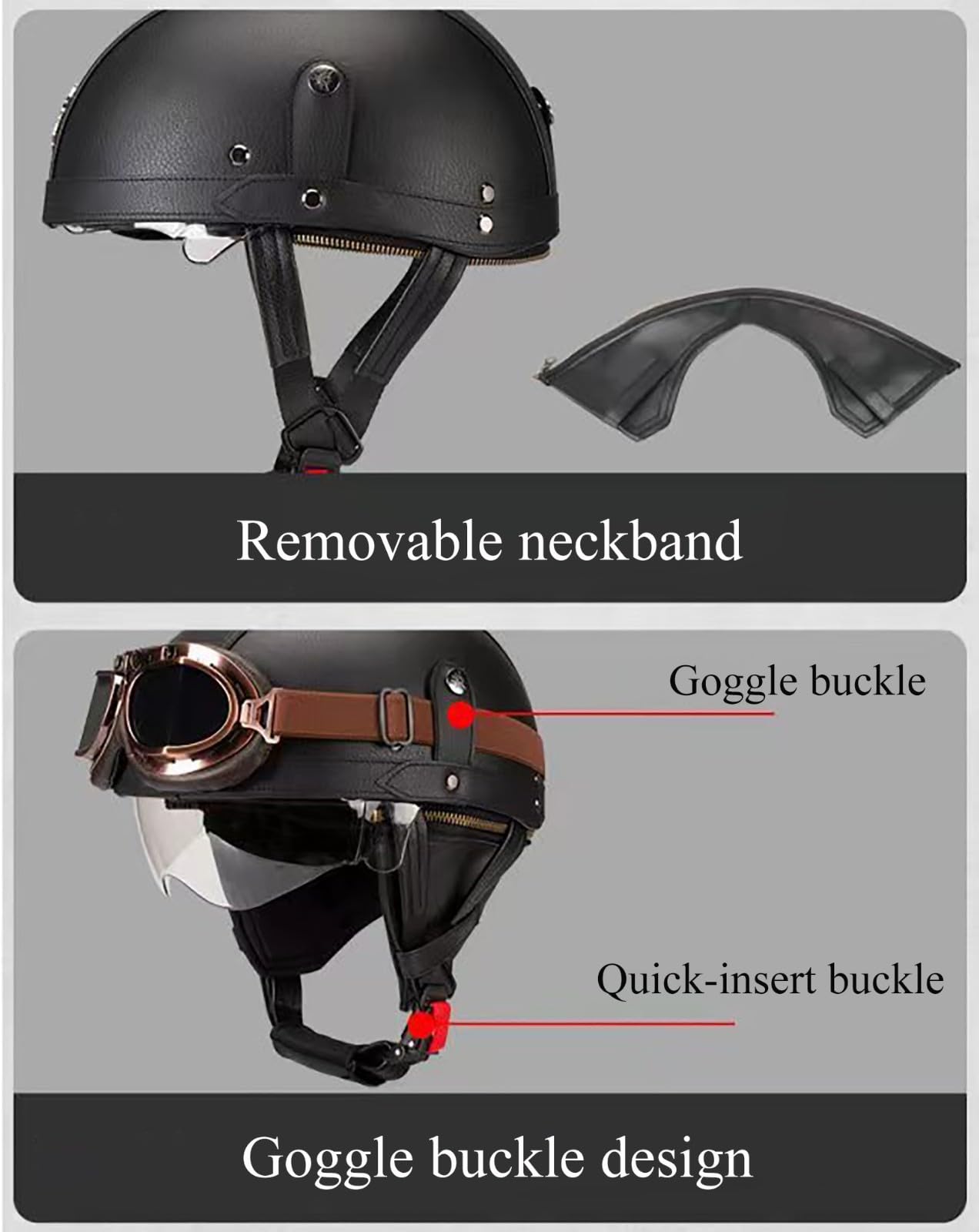 Skórzany kask motocyklowy w stylu vintage z okularami i klapą przeciwsłoneczną, kask motocyklowy do skuterów, cruiserów, homologacji DOT/ECE, unisex