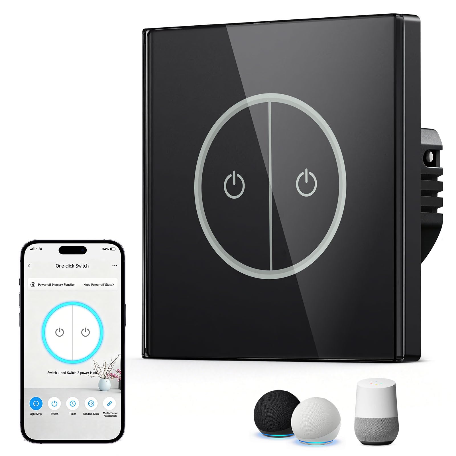 Interruptor Inteligente Wifi, 2 Gang 1 Via Táctiles Luz Interruptor Pared Compatible con Alexa/Google, Smart Light Switch Wifi con Tuya/Smart Life APP, Conductor Neutro Necesario