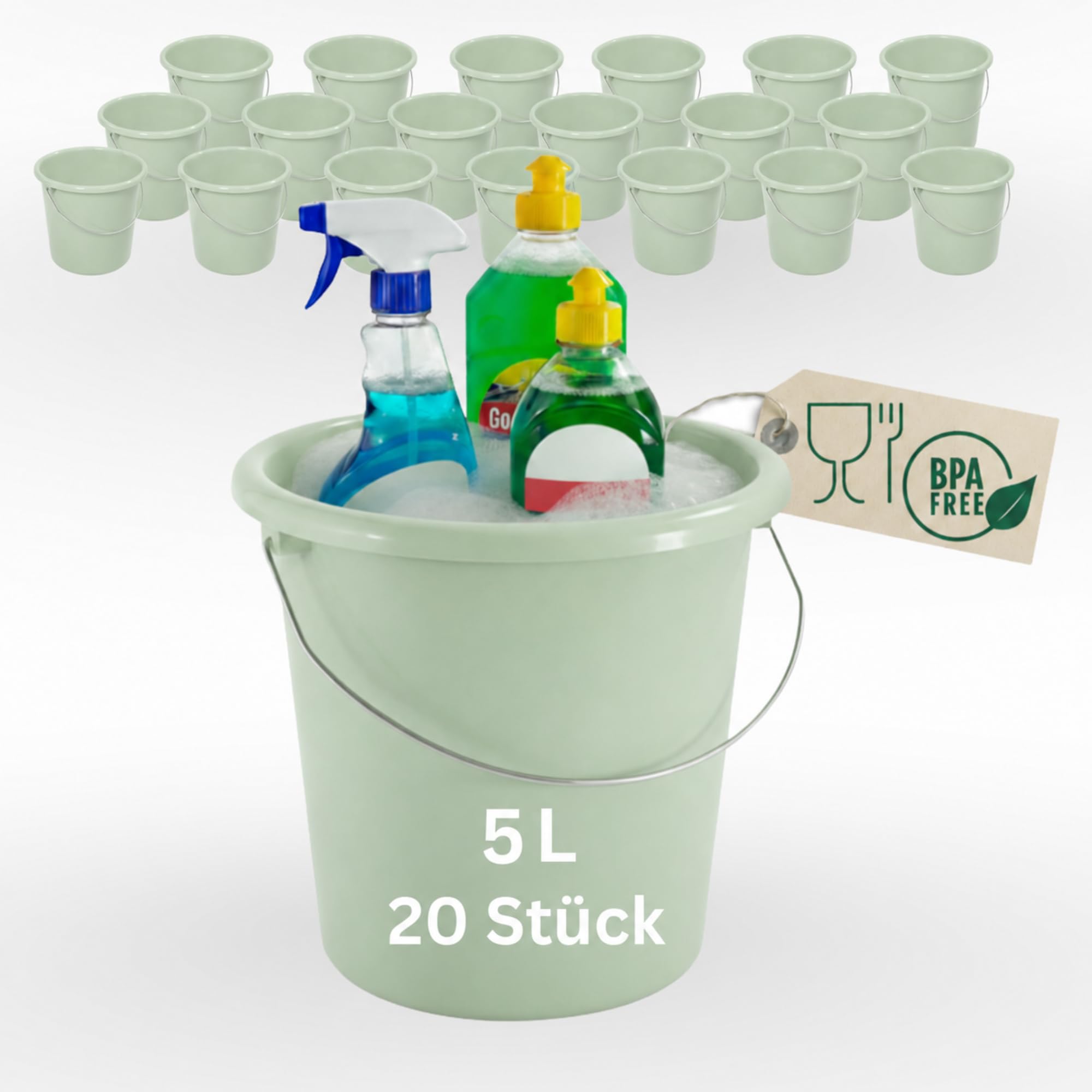 Novaliv 20 Stück Eimer 5L Grün mit Maßeinteilung Putzeimer Liter 22,5 cm Praktischer Allrounder mit Skala für Haushalt Garten ideal als Haushaltseimer, Wassereimer, Wischeimer, Bucket