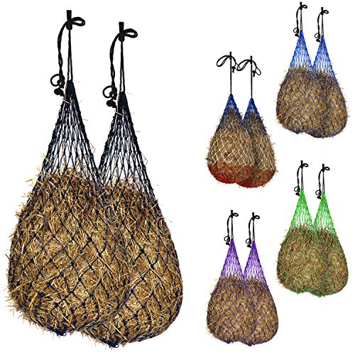 Majestic Ally 2 pcs Slow Feed 56â€ Hay Net for Horses, Strong Soft Mess 3x3â€ Holes, Nylon Rope Hanging, Adjustable Travel Feeder for Trailer and Stall, Simulates Grazing, Reduces Waste (Black)