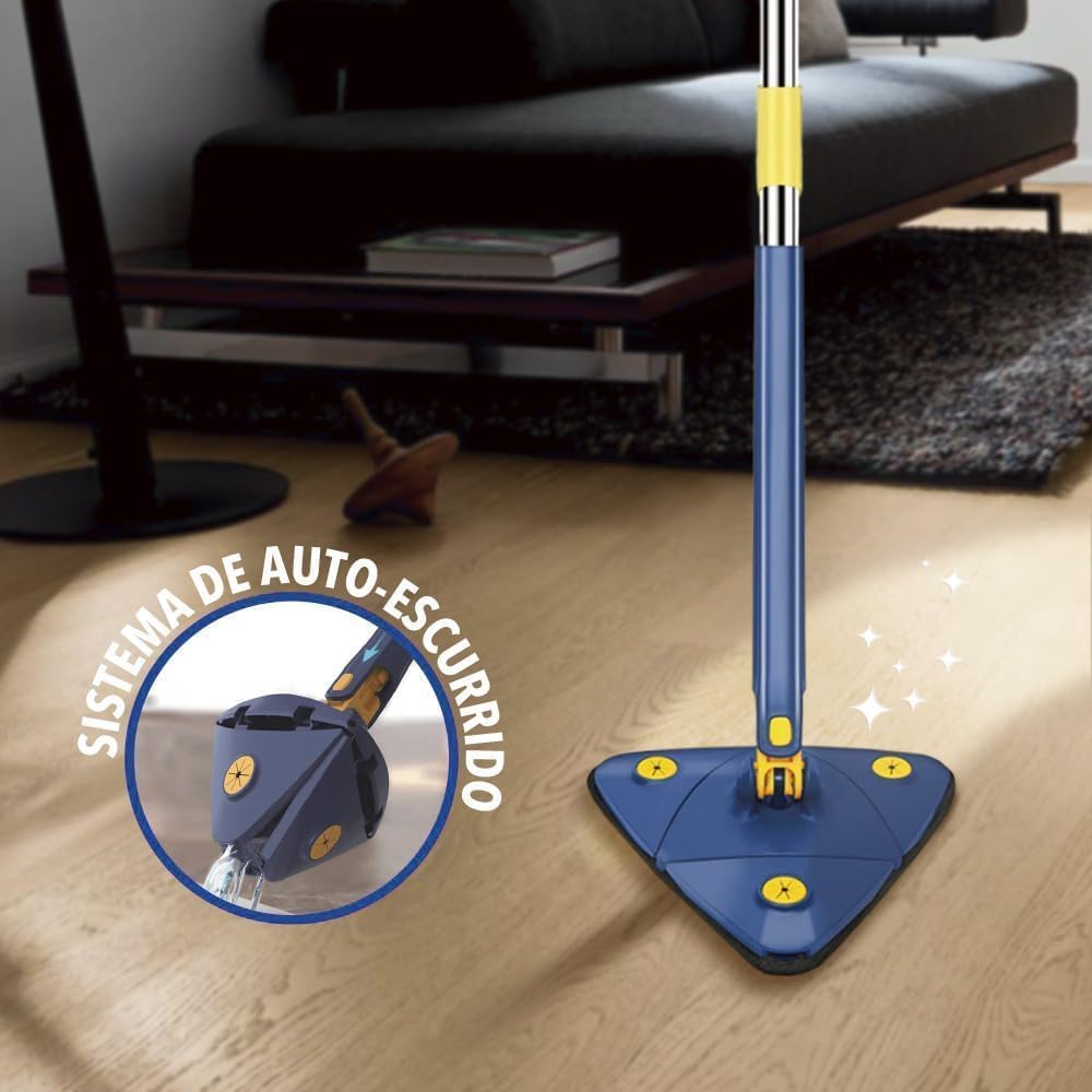 Mopa Triangular Giratoria 360 para Limpiar Suelos, Ventanas, Paredes, Techos y Muebles. Fregona Triangular Giratoria Microfibra, Función Autoescurrible, Incluye 2 Recambios