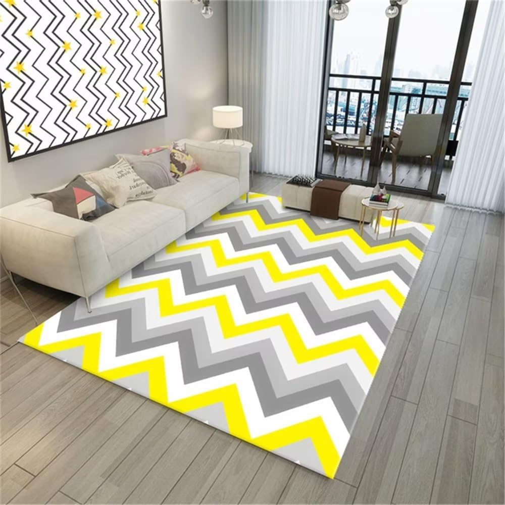 Tapis jaune à rayures 120x180cm lavable pour salon et bureau