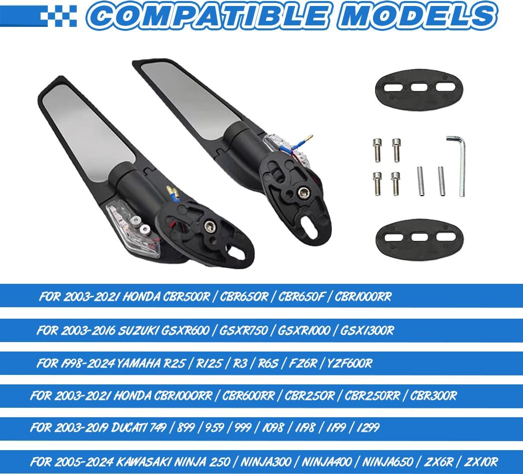 Racing Motorcycle Rear View Mirrors Stealth Mirrors with LED Turn Signal Lights for Honda CBR250R CBR300R CBR500R CBR600RR, for Kawasaki Ninja 400 300 650 Suzuki GSXR600 750 Yamaha R3 Ducati