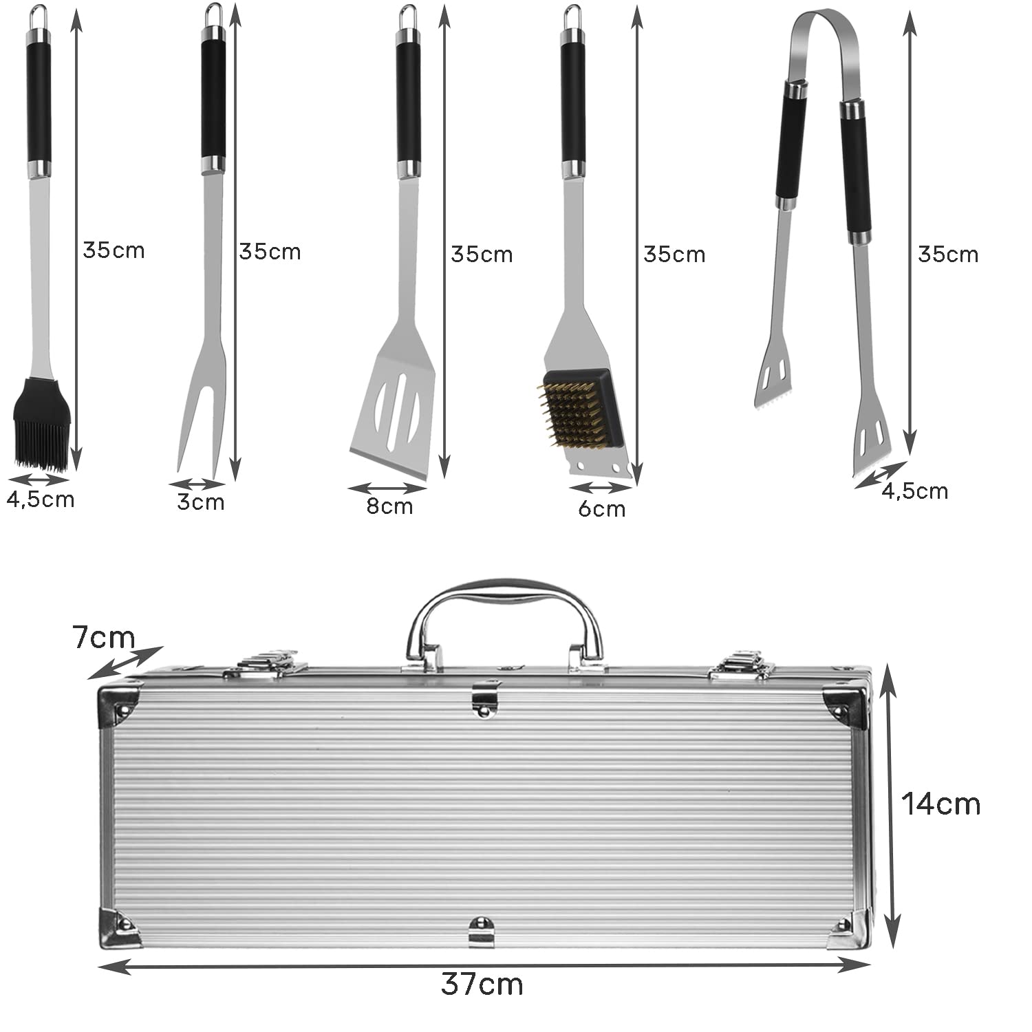 KAMINER Set di 5 posate per barbecue con valigetta in acciaio inox, accessori per barbecue, paletta per carne 18307