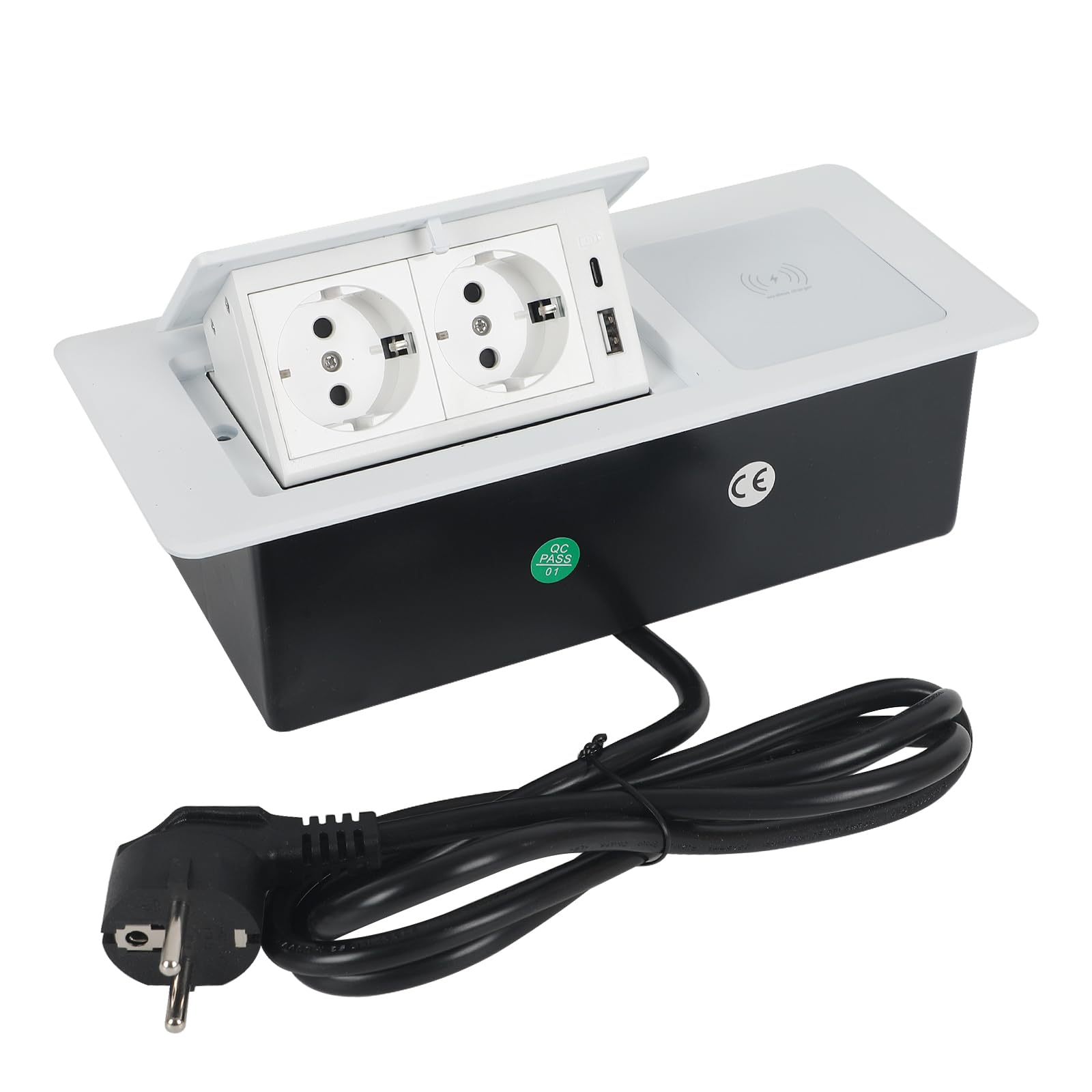 Wysuwane gniazdko elektryczne, 2 gniazda wtykowe do zabudowy, z USB i bezprzewodową ładowarką 15 W, typ C, 20 W, szybkie ładowanie, gniazdko stołowe, do biura, blatu roboczego (białe)