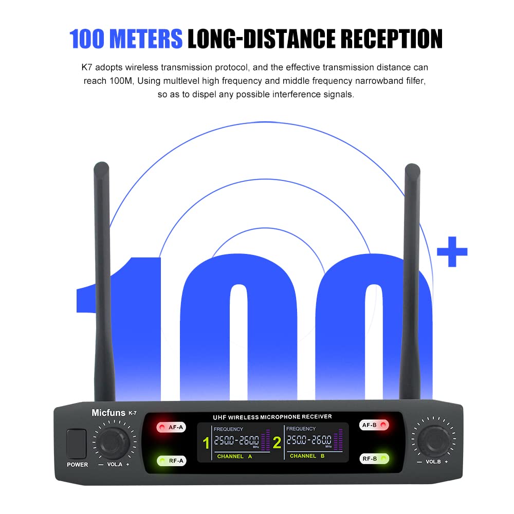 K7 Professionelles Wireless Mikrofon-Set 2 Handheld VHF 230-250 MHz Mikrofonsystem 100 m Entfernung für Karaoke, Party, Sprache