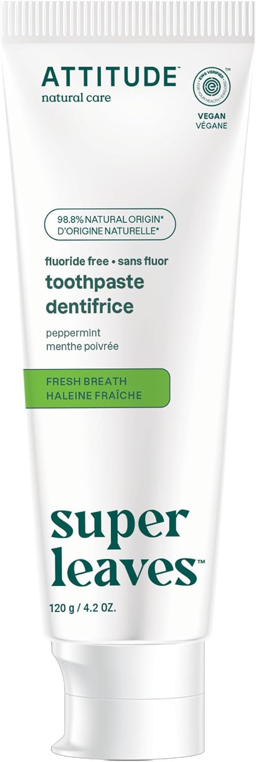 ATTITUDE Fluoride-Free Toothpaste, Plant- and Mineral-Based Ingredients, Vegan, Cruelty-Free and Sugar-Free, Fresh Breath, Peppermint, 4.2 Oz