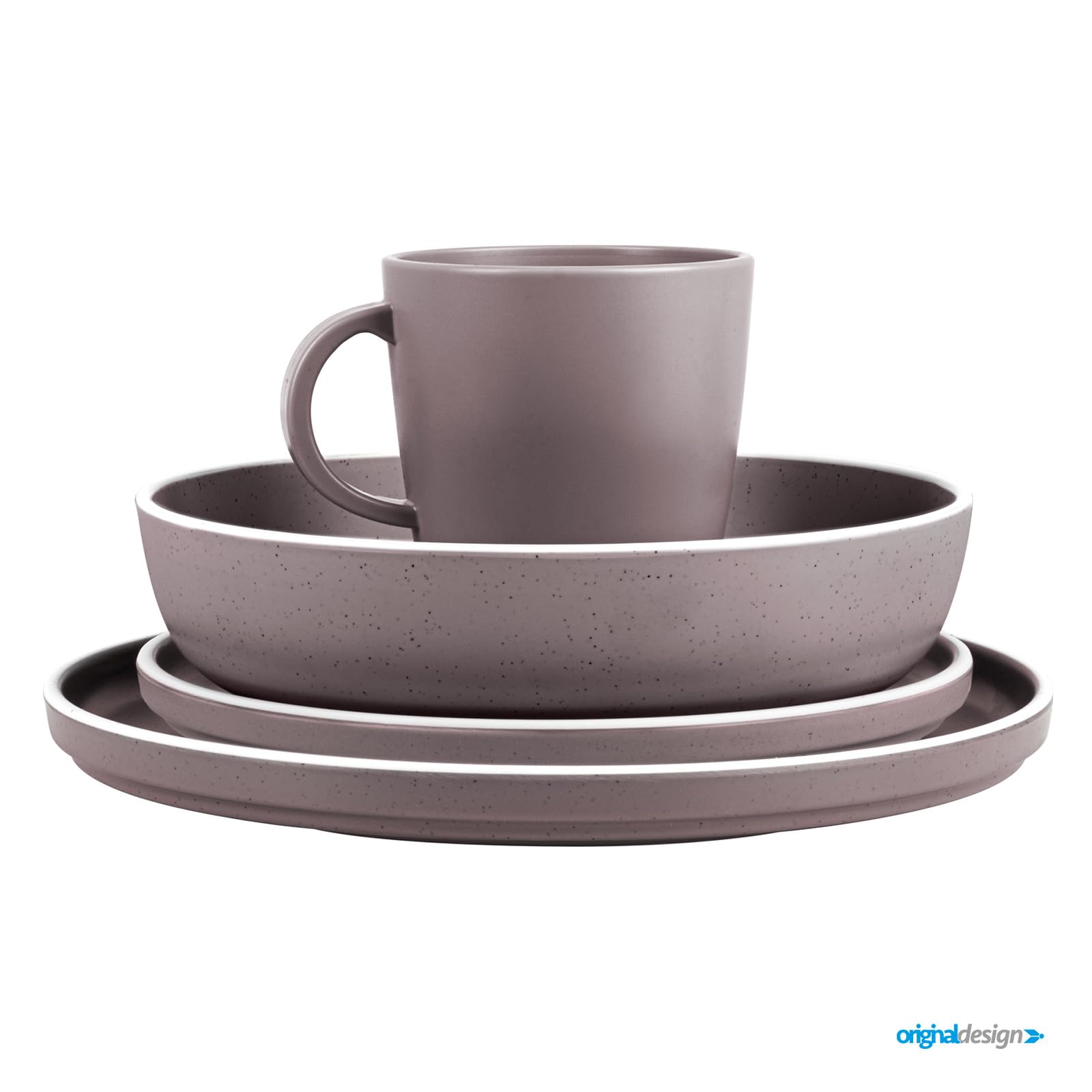 BRUNNER Melamin Geschirr-Set Camping 16-Teilig DOLOMIT Lunch Box Stapelbar | Antislip (Antirutsch), 2-4 Personen, wie Steingut (StoneTouch), Bruchfest, Teller & Kaffe-Becher, Wohnmobil Wohnwagen Boot
