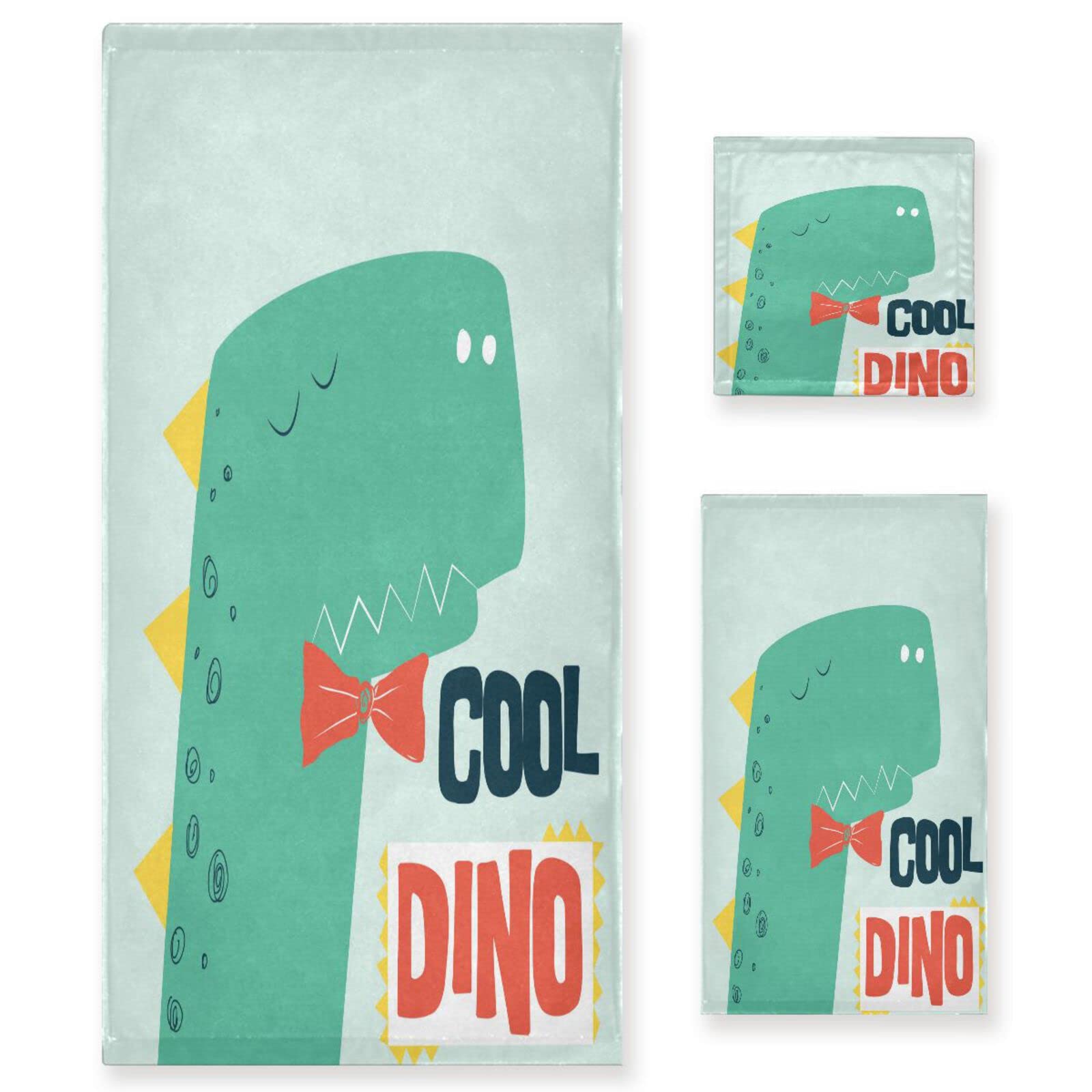 Dinosaurio Fresco Linda Caricatura Juego de Toallas para Baño Playa 100% Algodón de Piscina Toalla (1 Toalla de Baño y 1 Toalla de Mano y 1 Paño de Lavado) para Nadar Hotel Niñas Niños Niños