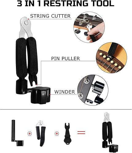 Miniatura 4 de Kit de accesorios para guitarra incluye cuerdas de guitarra acústica, afinador, cejilla, herramienta de restricción 3 en 1, soporte para púas,