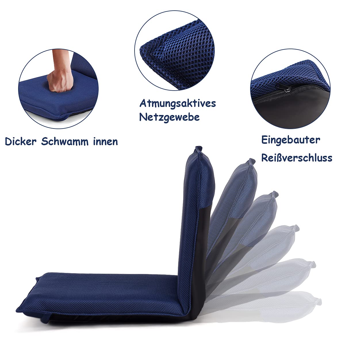 GOPLUS Bodenstuhl, Bodensessel mit 6-stufig Verstellbarer Rückenlehne, Bodensofa mit abnehmbarem Bezug, Lesesessel Liegestuhl Meditationsstuhl für Wohnzimmer (Blau)