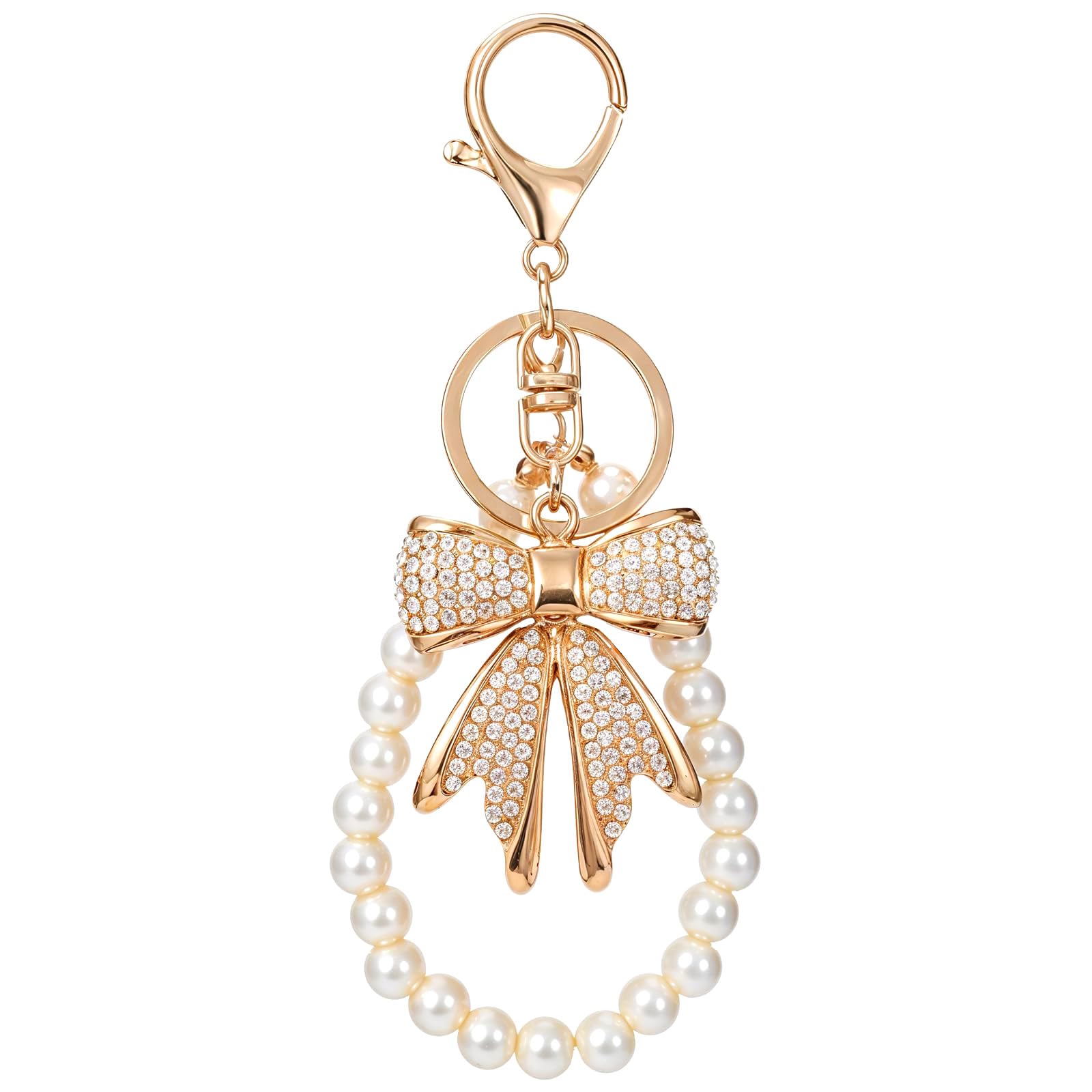 1 Pack Bowknot Keychain White Rhinestone Bow Keychain with Imitation Pearl Chain Gold Pink White Bag Charms Keychains Sparkly Bow Purse Charm Accessories for Key Backpacks Purse Handbags