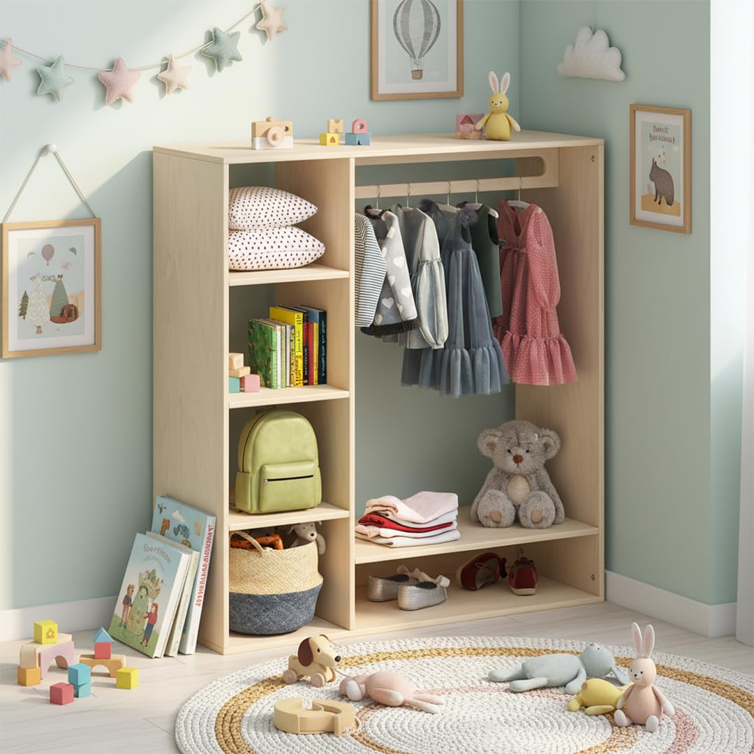 Bellabino Tea Kindergarderobe – Kleiderständer mit 6 Ablageflächen & 1 Kleiderstange in Natur – Montessori Kleiderschrank aus Birkenholz unbehandelt – Garderobe für Kinder – Kinderregal 114x40x105 cm