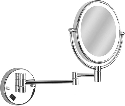NOALED Espejo de maquillaje montado en la pared con luces LED, doble cara con aumento de 10X, espejo de tocador de 8 pulgadas, rotación de 360