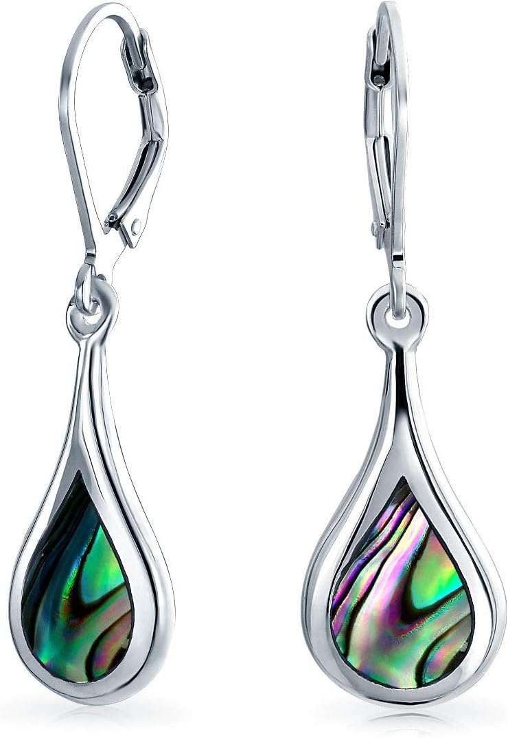 Geometric Iridescent Rainbow Natural Abalone Shell Natural Square Oval Rain Drop Long Teardrop Dangle Earrings For Women Teen .925 Sterling Silver Lever Back