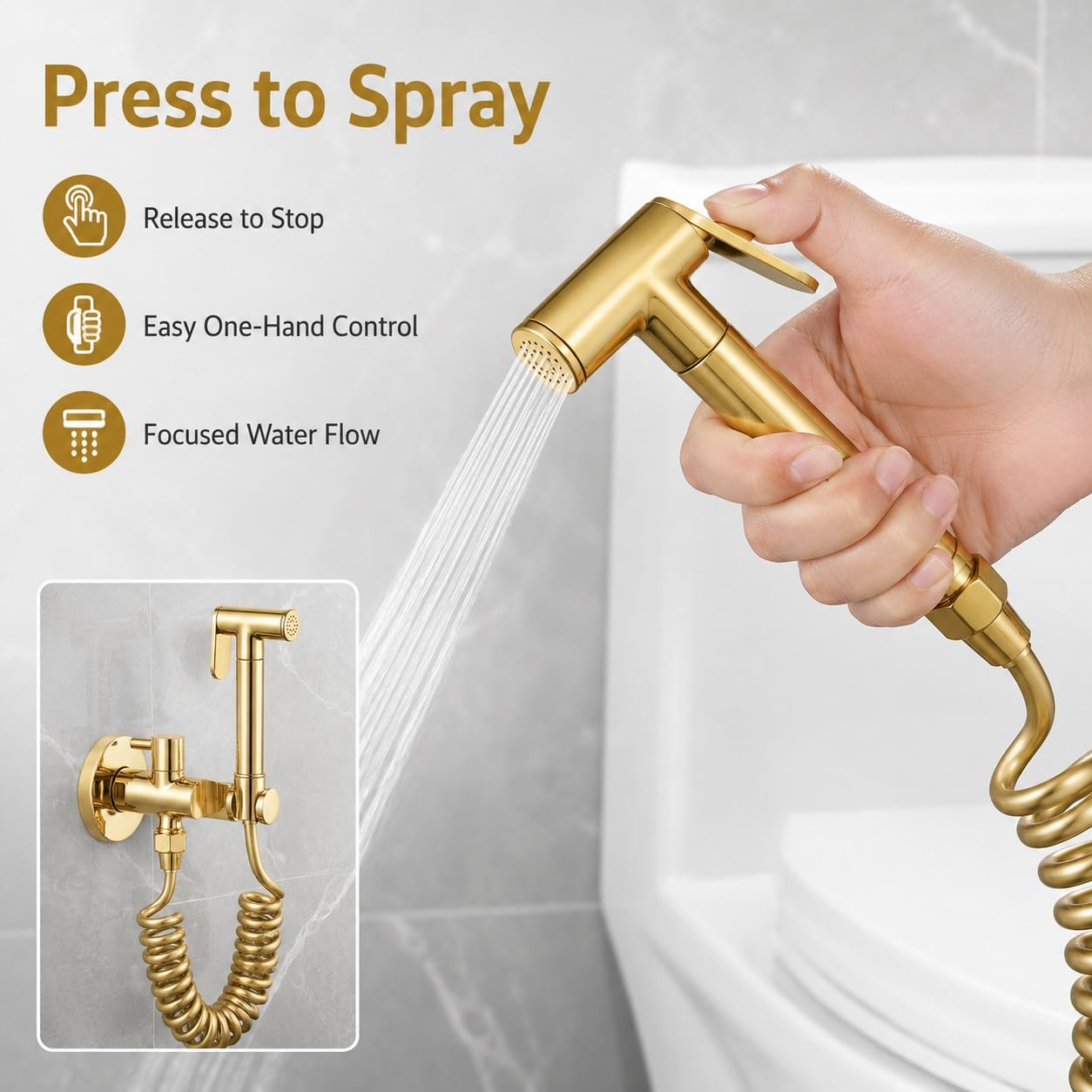 idroscopino per wc rubinetto bidet oro,Doccetta Bidet a Mano Acqua Fredda, Kit Bidet Portatile a Parete in Ottone con Tubo a Spirale Estensibile e Supporto, per Igiene Personale Bagno WC