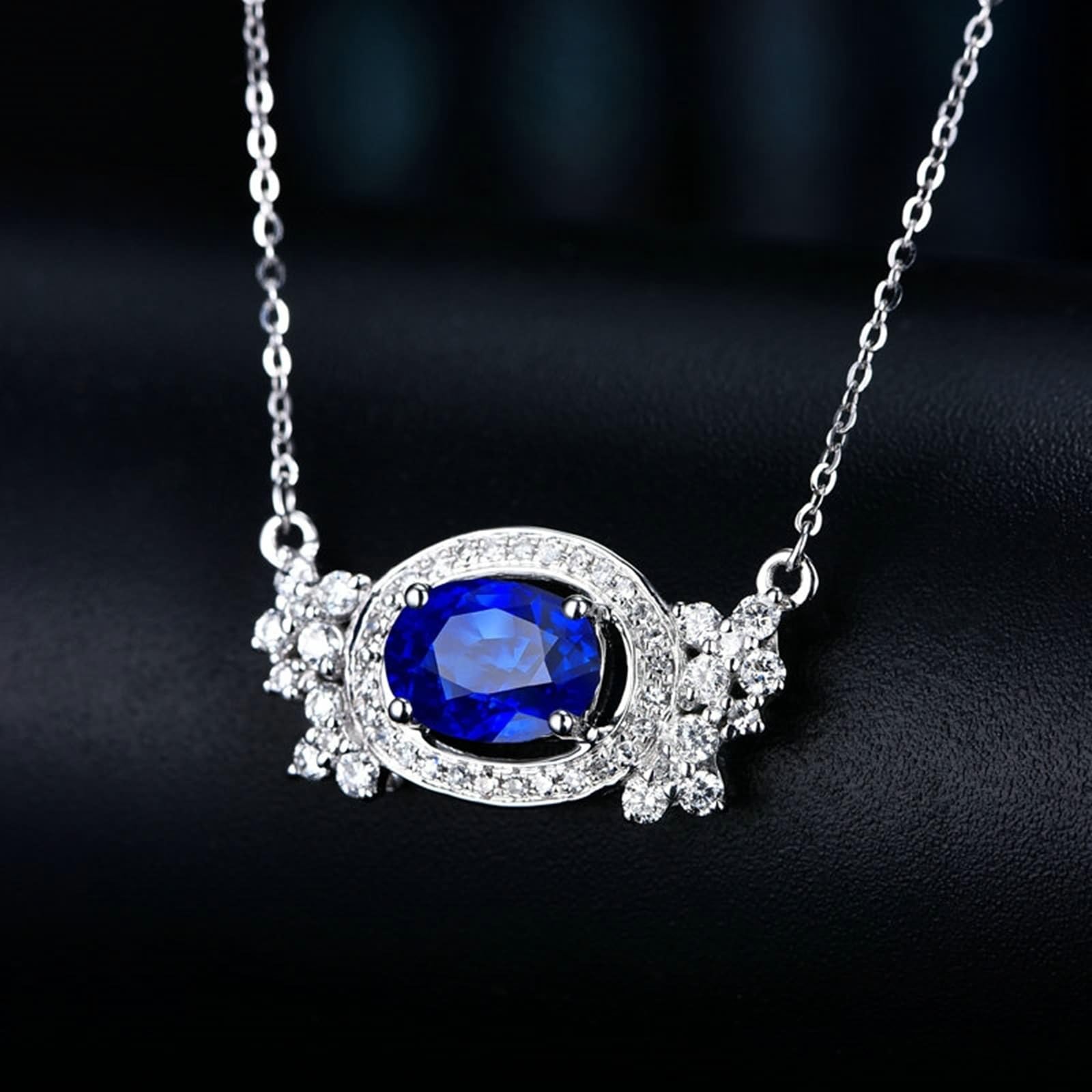 Collana Donna Oro Bianco Vera, Ciondolo Collana Donna Matrimonio con Zaffiro Sintetico 1 Carati e Diamante Sintetico, Gioielli con Pietra del Mese di Nascita