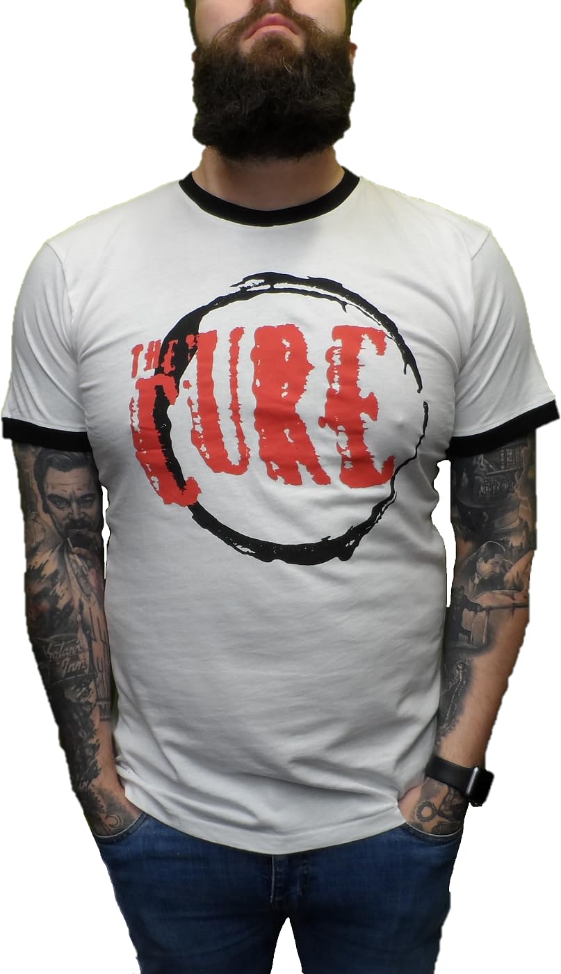 Mazeys Men's White Ringer Official The Cure T Shirts(White Ringer) Large