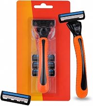 Men's Cartridge Razor with 3 Blade Refills - Manual Shaving Razor for Men with Non-Slip Grip Handle, Multi Blade Cartridge System for Smooth Beard Shaving and Daily Grooming Kit (3 Blade 4 Cartridges Razor Orange)