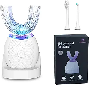 Electric Toothbrush for Adults, U Shaped Automatic Toothbrush for 360-degree Cleaning, 3 Modes for Whitening, Wireless Charging Kit for Travel or Home(White)