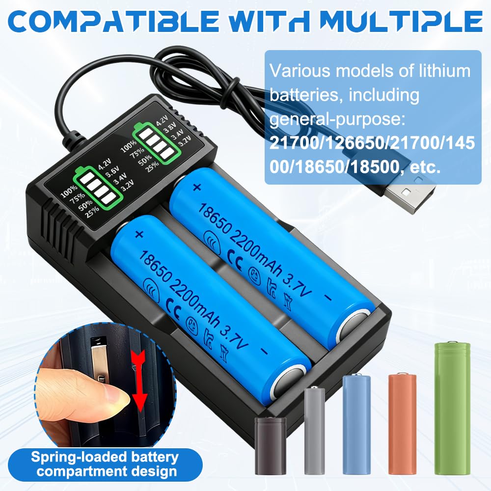 18650 Battery Charger Set with 2 Pack 3.7V 2200mAh Pointed Batteries, Pengrity 18650 Rechargeable Battery, USB 2 Slot Charger with LCD Display Smart, for 26650 21700 14500 18650 — view 3