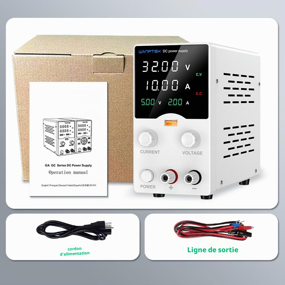 Alimentation DC Laboratoire 30V 10A Réglable | Écran LED 4-Digits Haute Précision | Variateur Encodeur | Sorties USB Charge Rapide + Convertisseur CC | Stabilisée pour Électronique