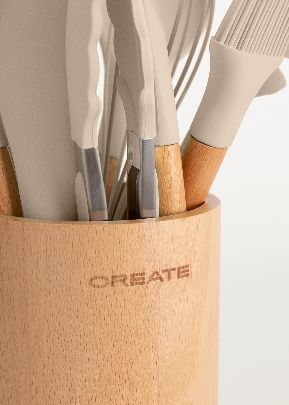 CREATE/Set d'utensiles de cuisine Sable et bois / 11 Utensiles de cuisine en silicone et bois hêtre naturel, sans BPA, jusqu'à 230°C