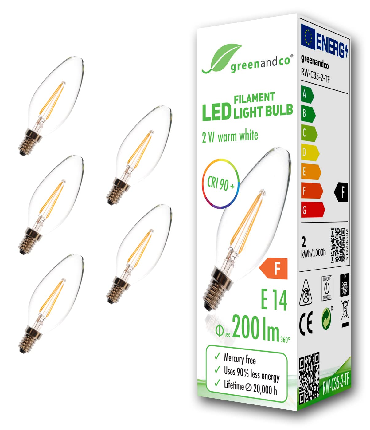 Greenandco 2 Watts Clear Greenandco® Cri 90+ E14 Led Filament Candle Clear 2W Replaces 20W 200Lm 2700K Warm White 360° 230V, No Flicker, Not Dimmable, 5-Pack