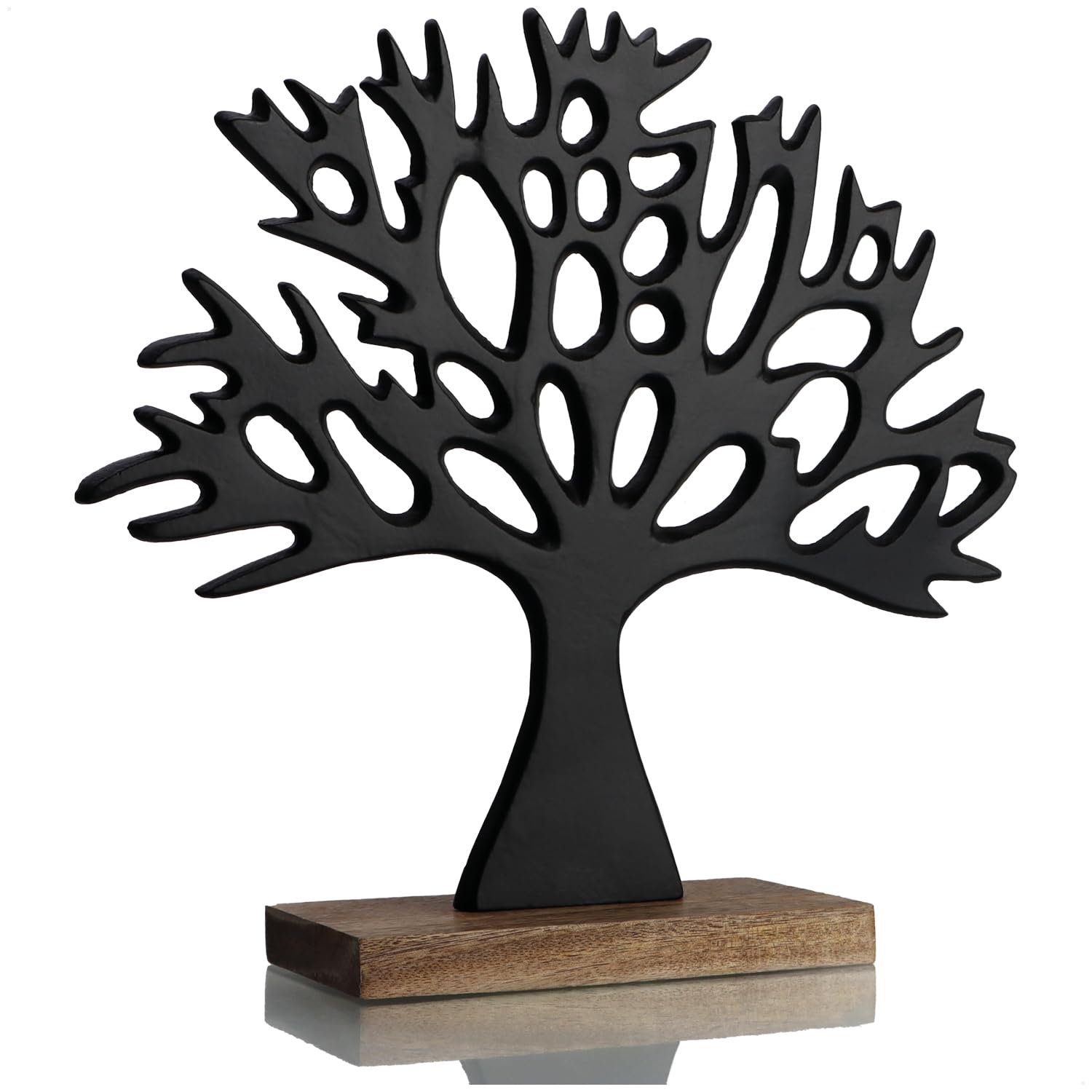 com-four® decorative tree stand - metal tree on a mango wood base - decorative tree made of metal to stand up - tree of life to give away (black - tree)
