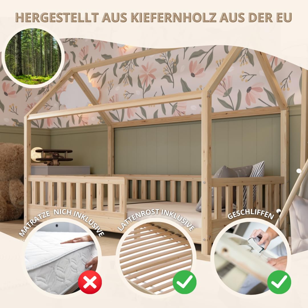 Hausbett 140x200 cm – Kinderbett aus Naturholz mit Rausfallschutz – Skandinavisches Design, Montessori Bodenbett mit Höhenverstellbaren Beinen - Crazy Blanco