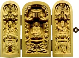 仏像 木彫り 置物 厄除け三開仏 釈迦三尊 座像 【 文殊菩薩 · 釈迦如来 · 普賢菩薩 】高級天然ツゲ木彫り 仏教美術品 ◆ 開運・守り本尊・携帯・お守り （高さ10cm×巾13cm×奥行5.5cm）