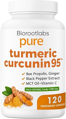Biorootlabs - Suplemento de curcumina de cúrcuma de 1000 mg – 95% curcuminoides con jengibre, propóleo de abeja, pimienta negra, aceite MCT, fórmula