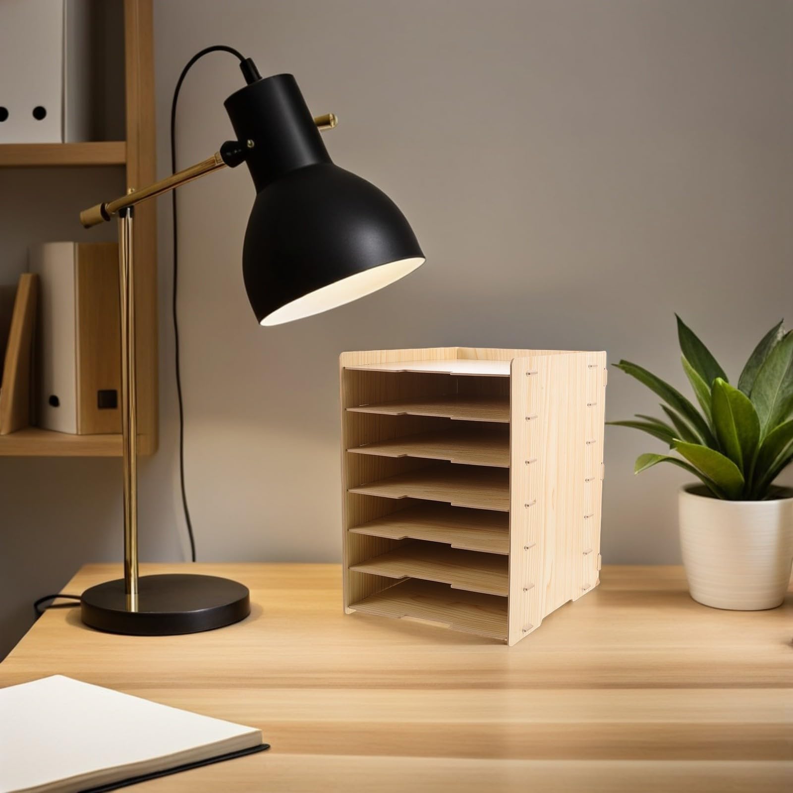 Mipcase Organizer da Scrivania in Legno con 7 Ripiani Modulari, Design Naturale, Empilabile e Versatile per Ufficio e Postazioni di Lavoro