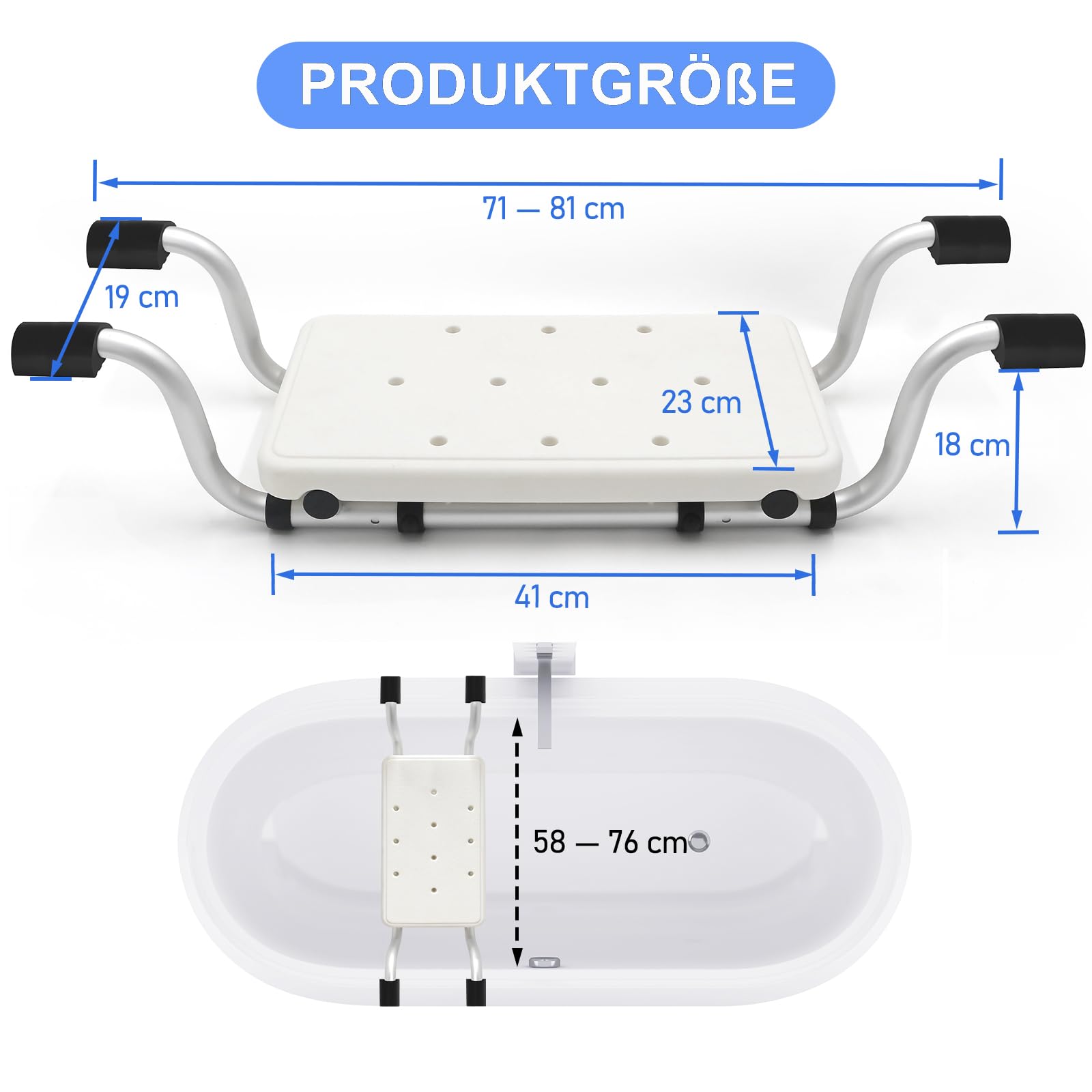 Siège de bain pour personnes âgées avec patins plats en silicone antidérapant et tube en aluminium renforcé de 1,5 mm – Planche de baignoire stable jusqu'à 150 kg, réglable de 71 à 81 cm