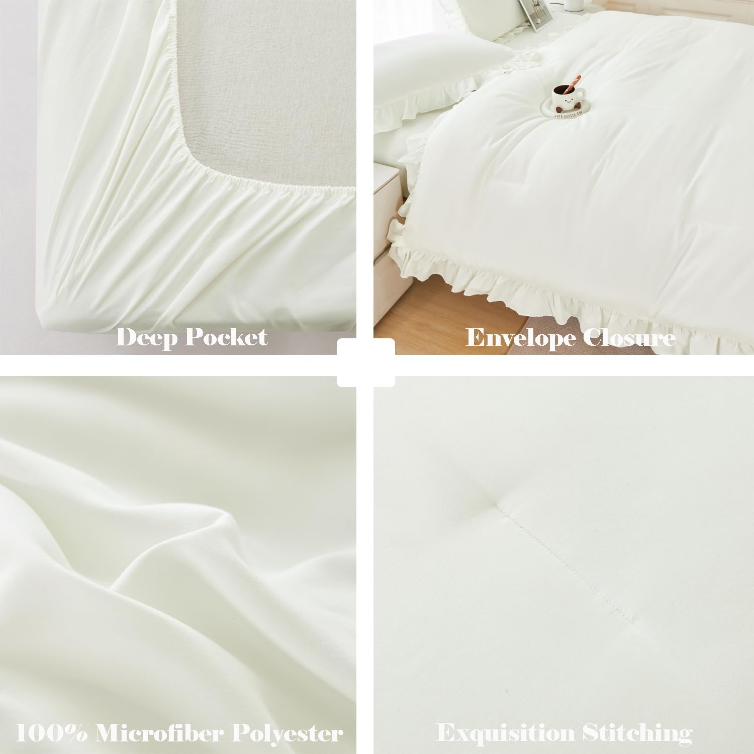 ANGIYUIN 5 Pieces Ivory Twin Size Bedding Set for Kids Girls Beige Ruffled Bed in A Bag with Sheets Farmhouse Fluffy Comforter Set Shabby Chic Bed Sets(Ivory Twin) - Image 8