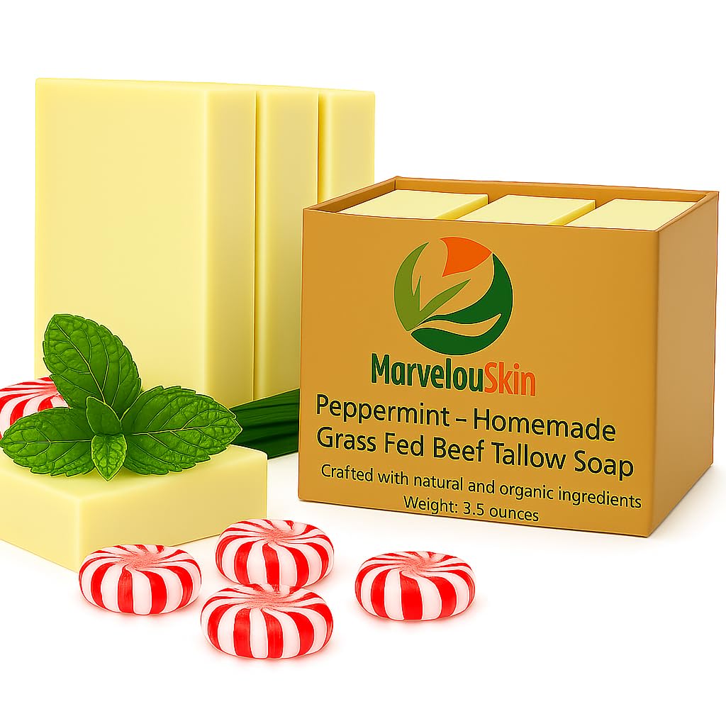 Grass Fed Beef Tallow Soap – Organic Peppermint Essential oil. 100% Handmade, Grass Fed, Chemical Free Beef Tallow Soap bars (3 Bars).