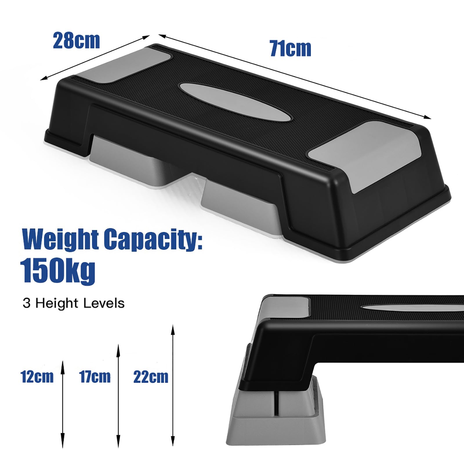 KOMFOTTEU Step Aerobic regolabile 3 livelli antiscivolo 150 kg 71x28x12/17/22 cm