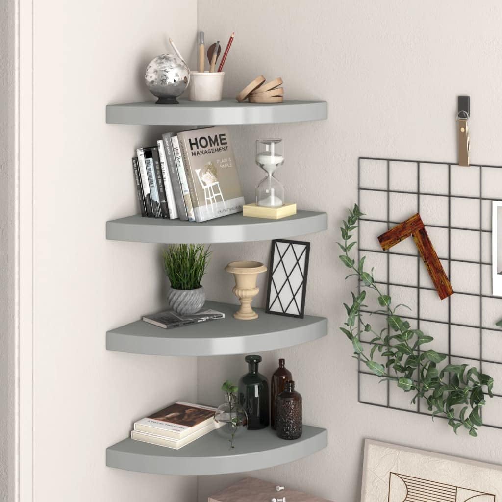 vidaXL Wall Corner Shelves Set of 4 - Floating Display Shelf - Gray Honeycomb MDF & Metal - 13.8 x 13.8 x 1.5 4 Grey 13.8" x 13.8" x 1.5"