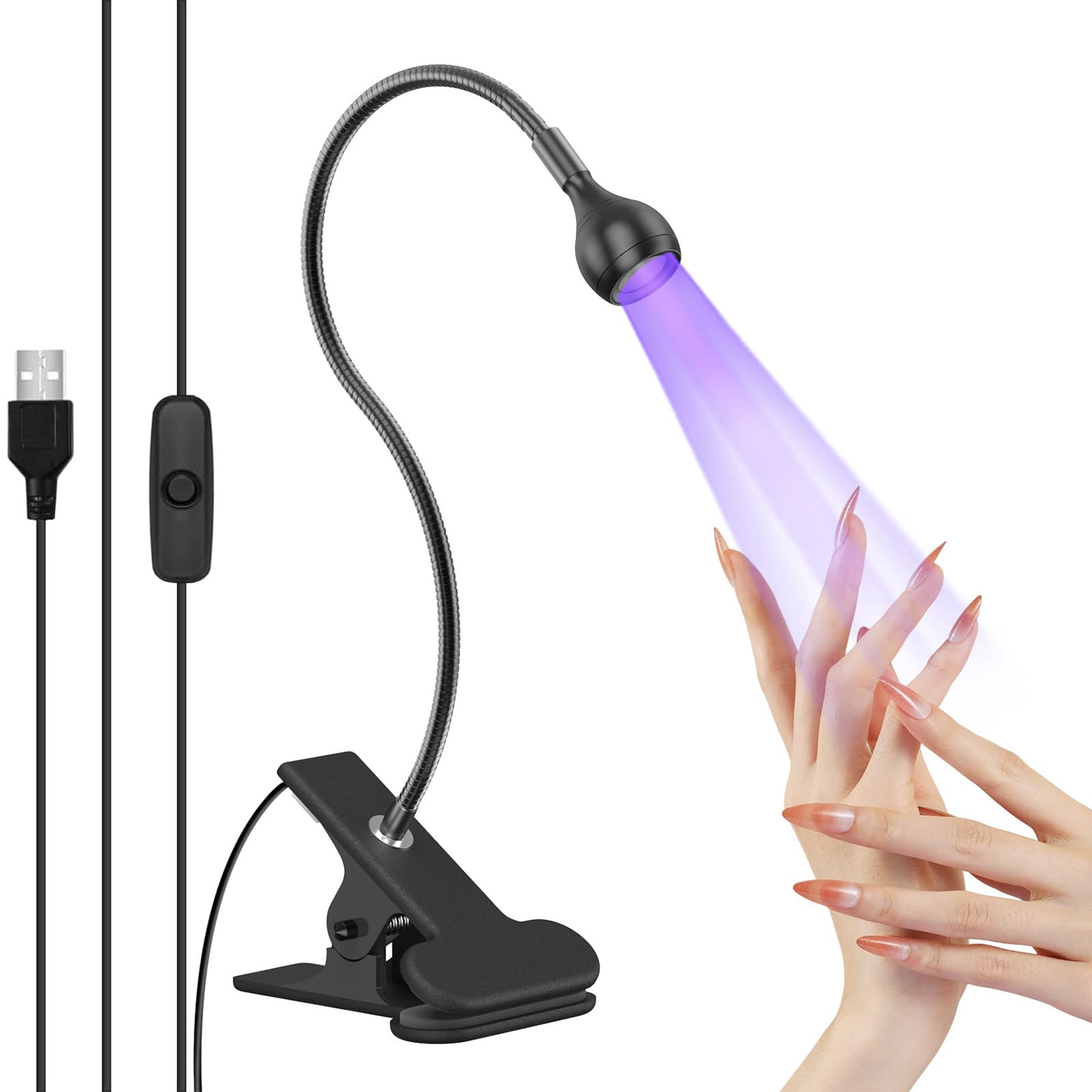 UV Nail Lamp, AISEELY Nail Dryer LED Glue Curing Lamp, 3W USB Glue Lamp Ultraviolet Violet Light with Clip, for Manicure, Mobile Phone, Circuit Board Repair (Black)