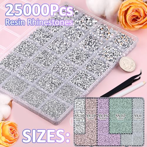 Image of 25000Pcs Resin Rhinestones for Crafting, Silver 2-6mm Mixed Sizes Non Hotfix Flatback Gems with 1Pcs Glue, Bedazzling Crystal for DIY Craft Clothing Mugs Tumblers Shoes Fabric Decor Nail Art