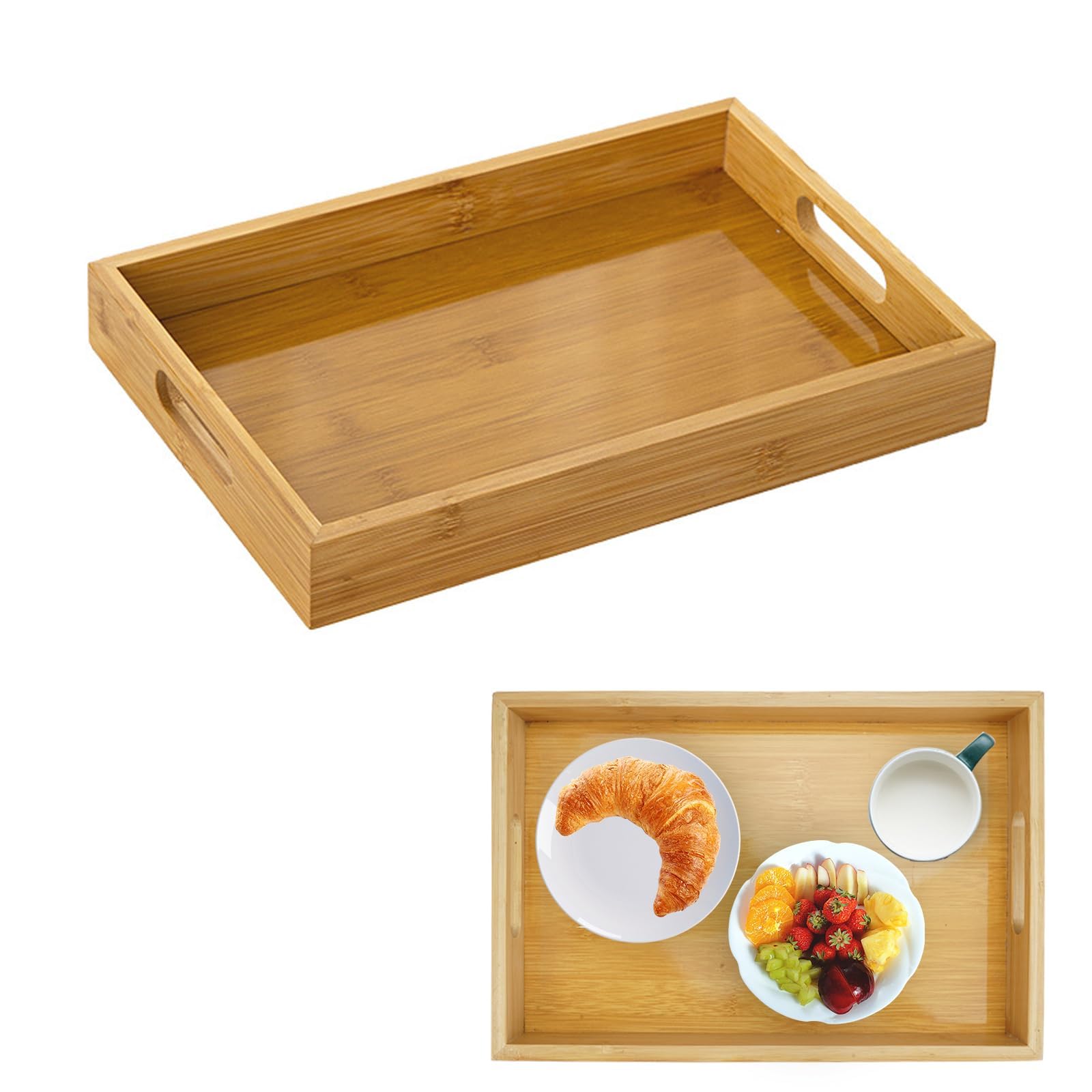 Tray with Handles, 30 x 20 x 4 cm Bamboo Trays for Serving Meals