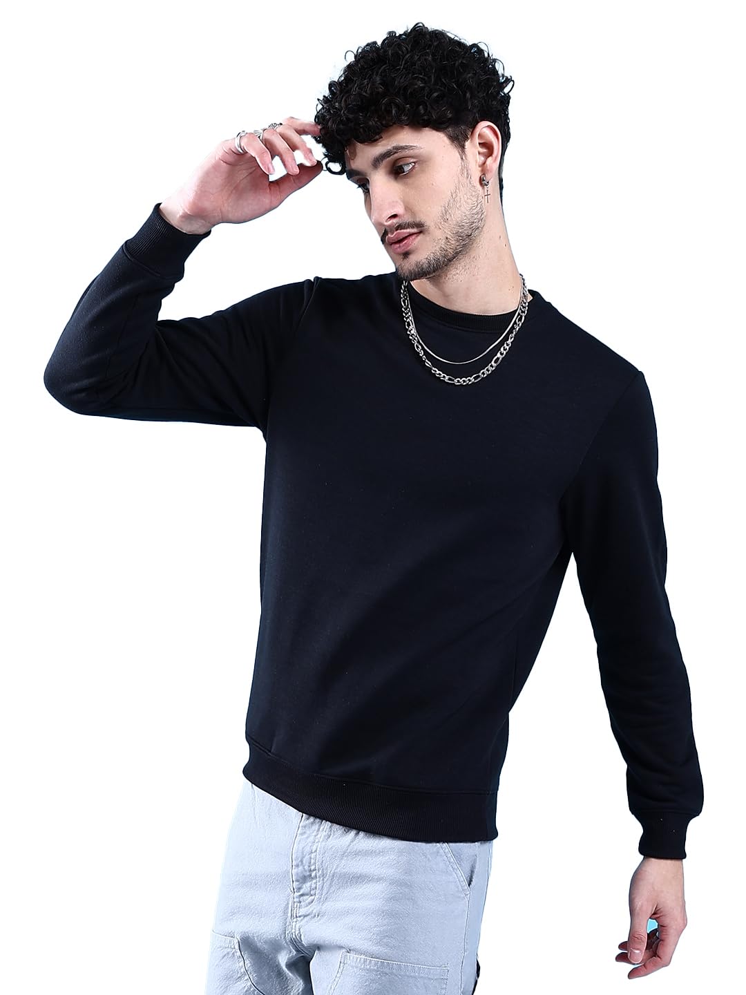 Men Polyester Regular Fit Solid Crew Neck Overhead Sweatshirt