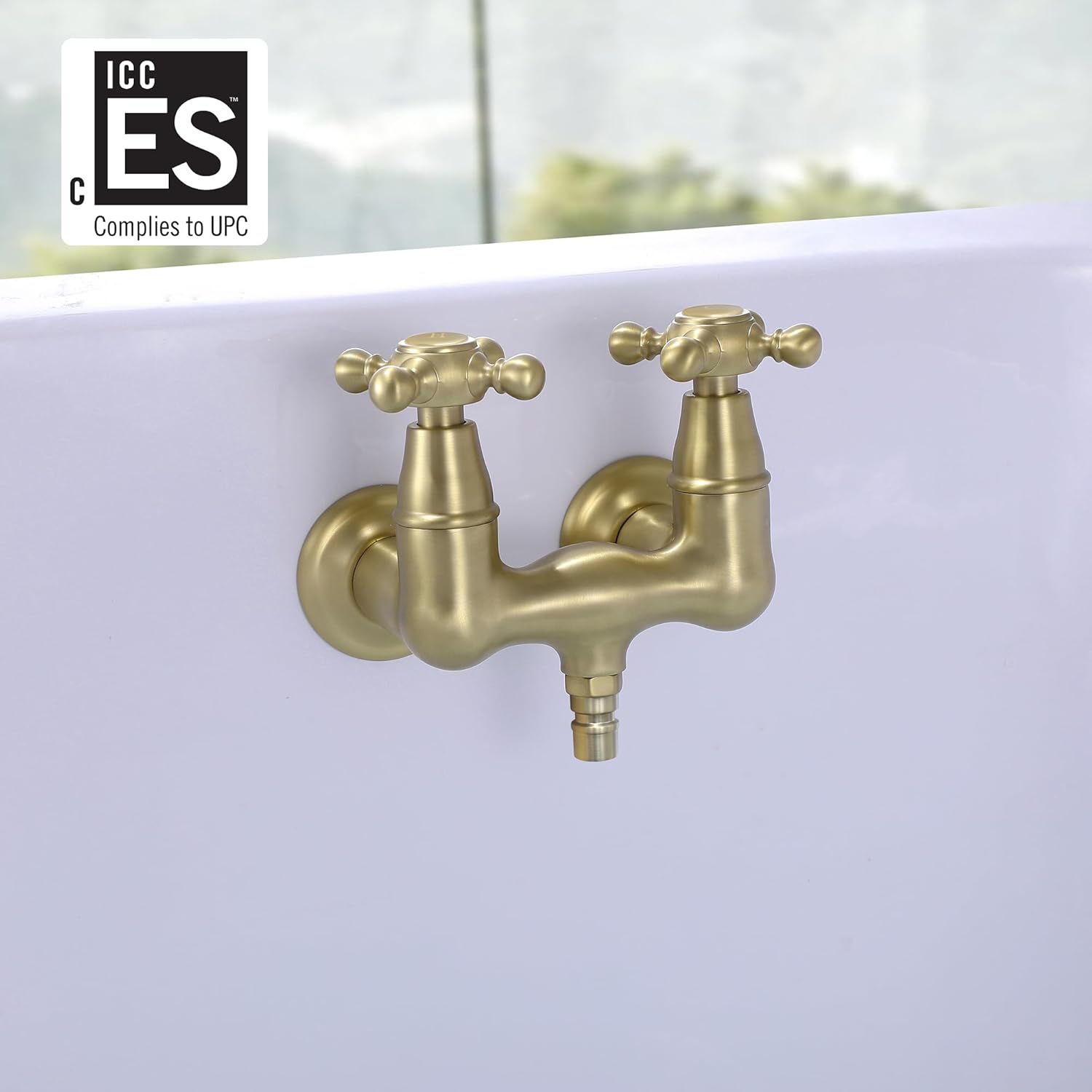 SUMERAIN 3-3/8" Tub Wall Mount Clawfoot Bathtub Faucet Two Cross Handles Brushed Gold